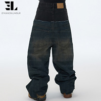 LARSUR Custom Factory Jean Baggy Homme à Double Ceinture, Délavé, Patchwork, Coupe Droite, Style Streetwear