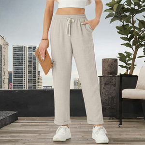 Pantalones Casuales para Mujer, Corte Holgado, Pierna Recta, con Cordón, Cintura Elástica, Ropa de Verano, Precio al por Mayor, OEM Personalizado - Product Image 3