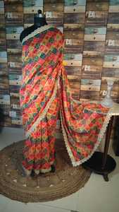 Saree en soie ethnique sari indien traditionnel multicolore vibrant avec bordure en dentelle imprimée pour adultes pour les occasions traditionnelles - Product Image 2