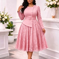 Robe de soirée grande taille effet deux pièces, manches longues, ceinturée, style peplum, en dentelle florale, coupe trapèze, vente en gros