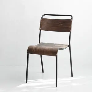 Nordic style stack-able black indoor furniture metal iron dining chair with plywood back and seat restaurant chair