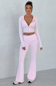 Phổ Biến Sexy <span class=keywords><strong>2</strong></span> Mảnh Tập Thể Dục Phòng Chờ Thời Trang Dạo Phố Thiết Lập Cho Phụ Nữ Dây Kéo Gân Hoodie Hloe Tập Thể Dục Quần Mỏng Phù Hợp Với Hoạt Động Loungewear - Product Image 4