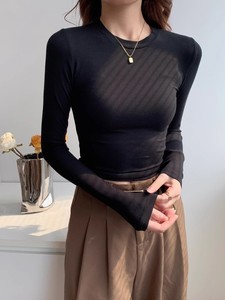 <span class=keywords><strong>Maglietta</strong></span> <span class=keywords><strong>nera</strong></span> americana a girocollo stretta a maniche lunghe a Base da donna a vita alta Top corto sottile con camicia di Base autunno e inverno - Product Image 2