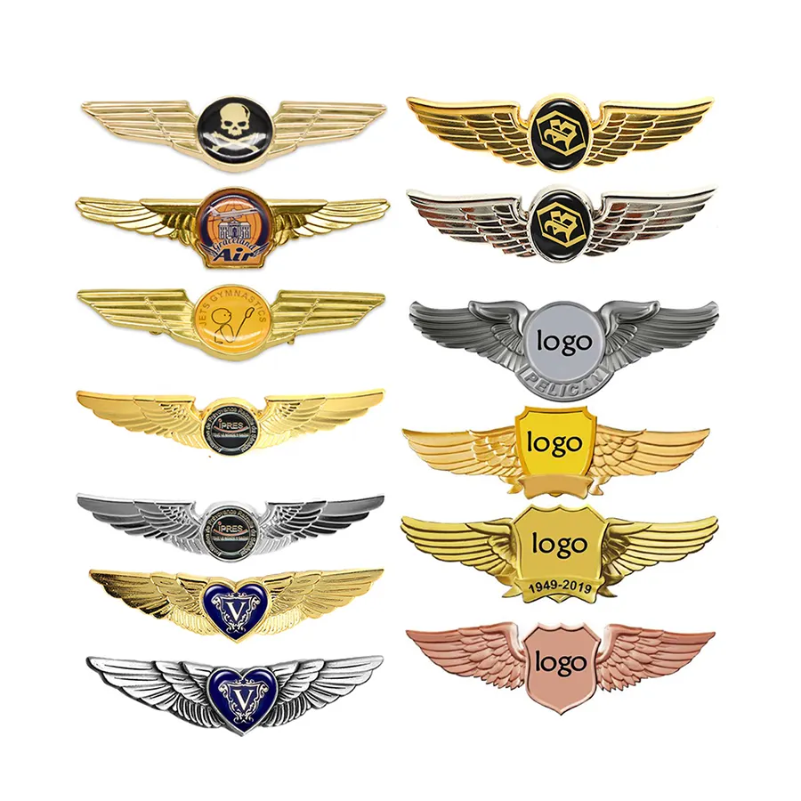 Épingles en émail 3d en relief, logo personnalisé de haute qualité, plaqué or, gravé, ailes d'avion, badge en métal pour vêtements