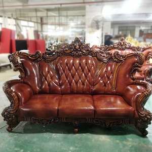 Canapé classique européen en bois massif sculpté, fauteuil en cuir de luxe pour villa, canapé d'appoint pour salon - Product Image 2