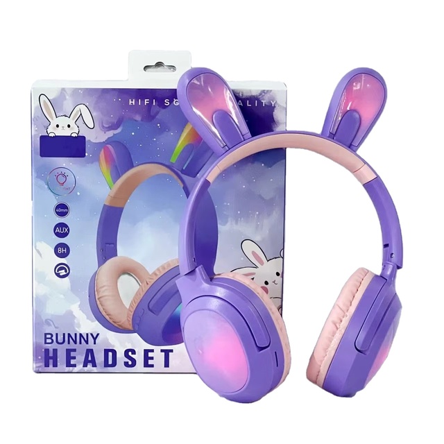 LED Light up Bunny Ear Wireless Headphones, Cute Cartoon Bluetooth Headset with HIFI Sound for Kids Girls Gift