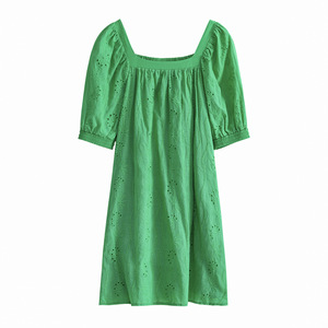 Superventas, vestido de cuello cuadrado de Color sólido real y transfronterizo, falda Jacquard hueca elegante de verano 2023 para mujer - Product Image 5