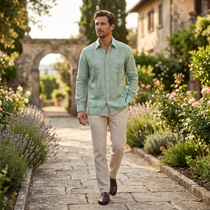 Chemises pour hommes en lin de qualité supérieure, 100% lin, plissées, style guayabera, <span class=keywords><strong>chemise</strong></span> à manches longues décontractée pour hommes - Product Image 1