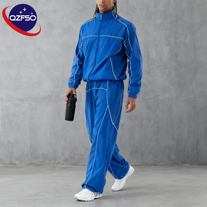 Trajes de jogging de rayas reflectantes personalizados 100% algodón con cremallera chaqueta y pantalones chándal conjunto cortavientos personalizado - Product Image 1