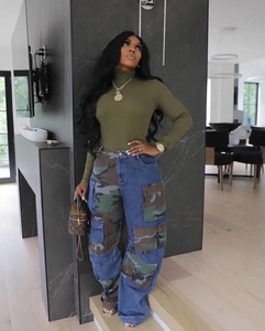 ZHEZHE Fashion Trendy Camouflage Print <strong>Women's</strong> Denim Pants High Waist <strong>Camo</strong> Cargo Pants Ladies <strong>Trousers</strong> - Product Image 1