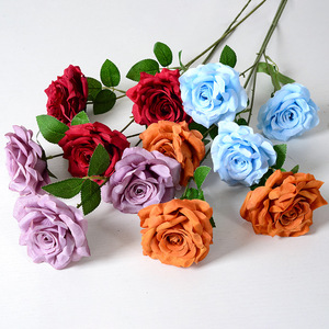 Rosa Artificial DREA de 3 Cabezas, Rosa Artificial de una Sola Rama, Rosa Rosa Intenso, Flores para Decoración del Hogar y Fiestas, Venta al por Mayor - Product Image 1