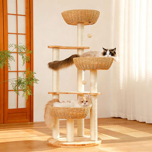 Moderno Grande Tiragraffi per Gatti in Legno Massello con Cesto in Rattan Integrato, Colonna in Sisal, Giocattolo con Palla in Peluche, per Dormire, Tirare e Giocare - Product Image 3