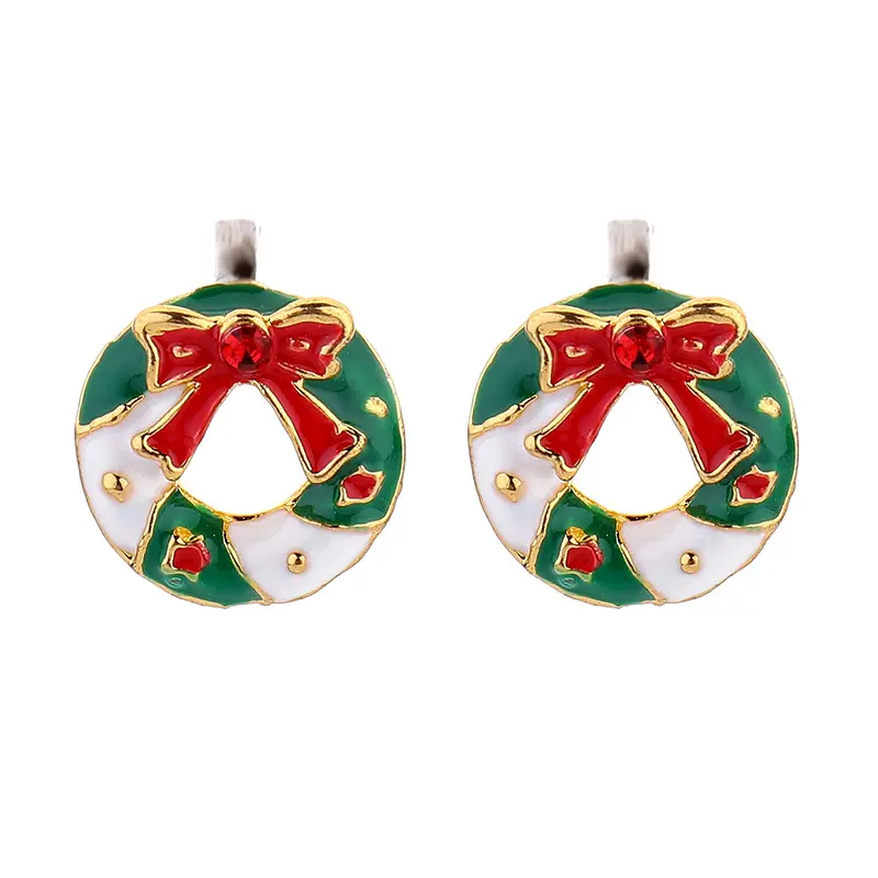 Gold tone Pierced Earrings Christmas Wreath Stud Earring Costume Jewelry