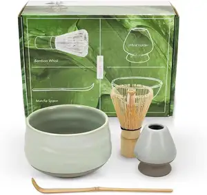 Wholesale Handmade Matcha Ceremony Tools 4 Piece Japanese Matcha Whisk Set Customize Natural Bamboo Whisk Match Tea Set