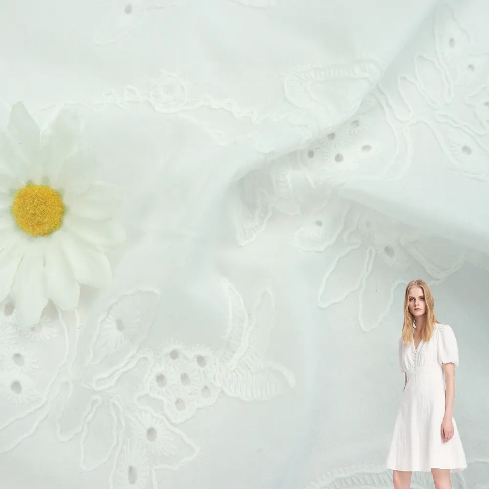 Fabricant Tissu Matériel 100% Coton Voile Bordure Oeillet Floral 9088 Tissu de Broderie Pour Robes de Femmes