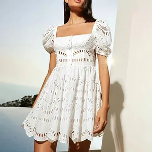 TWOTWINSTYLE Wholesale Elegant Dresses For Women Patchwork Embroidery Hollow Out Square Collar Short Sleeve Woman Dress