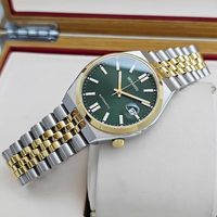 Montre mécanique automatique pour homme, bicolore or et acier, cadran guilloché vert, fond transparent, bracelet, montre-bracelet avec date