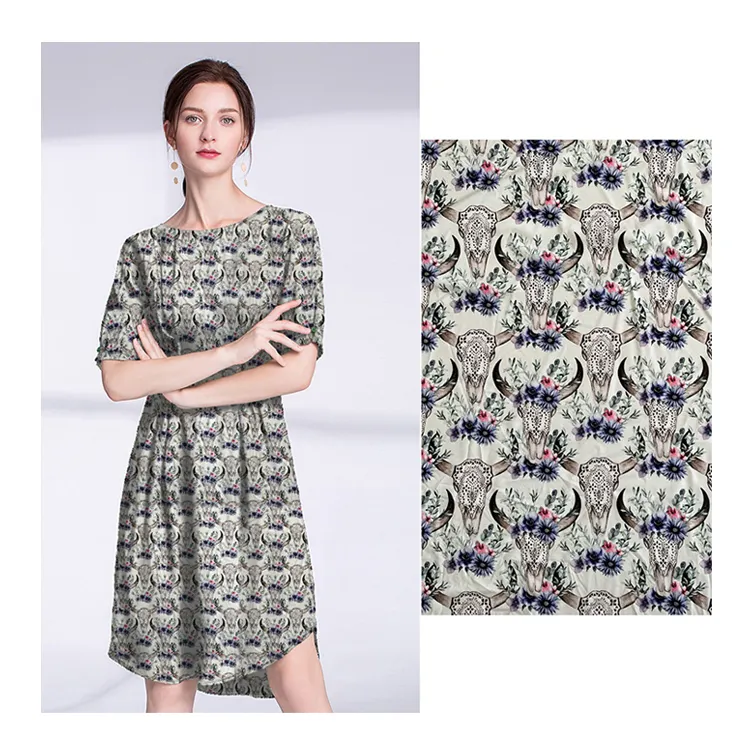 Conception de motifs d'animaux de chèvre Tissu polyester extensible chinois à impression numérique pour robe à Shaoxing Keqiao