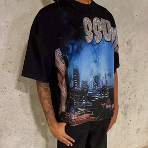 T-shirt pour homme en coton 100% lourd, imprimé graphique vintage délavé, style streetwear surdimensionné avec logo personnalisé en strass - Product Image 3