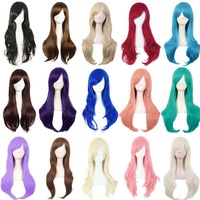 Wig Cosplay Kostum Rambut Keriting Panjang 28 Inci, Biru Cerah |   Wig 70 CM, Wanita, Poni Samping, Fashion