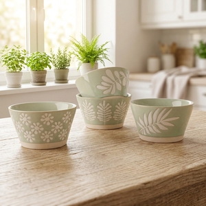Ciotola in Ceramica Artigianale con Motivo Floreale a Foglie in Rilievo, Verde Pastello, Eco-Friendly, per Campeggio, in Porcellana <span class=keywords><strong>Sgraffito</strong></span>, per Servire - Product Image 1