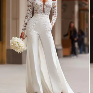 S0016Y <span class=keywords><strong>Combinaison</strong></span> de mariée en dentelle pour femme, à épaules dénudées, à manches longues et <span class=keywords><strong>avec</strong></span> traîne amovible - Product Image 1