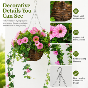 Cesta Colgante con <span class=keywords><strong>Geranios</strong></span> <span class=keywords><strong>Artificiales</strong></span> Blancos, Arreglo Floral con Hojas Verdes Largas, Decoración Ecológica para Balcón, Jardín, Hotel - Product Image 4