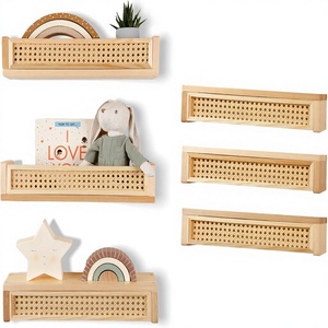 Étagère <span class=keywords><strong>murale</strong></span> en rotin, lot de 3, 16 pouces, étagères flottantes avec finition huilée pour la chambre d'enfant, bibliothèque bohème pour la décoration de la chambre de bébé - Product Image 1