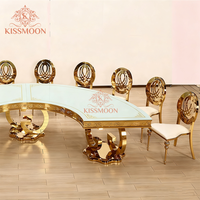 Table de réception d'hôtel de luxe moderne, cadre en acier inoxydable doré, plateau en verre trempé, table de mariage serpentine