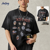 T-shirt en coton épais 285G pour homme, coupe ample, noir, avec motif vintage délavé, manches courtes, style streetwear américain, personnalisable