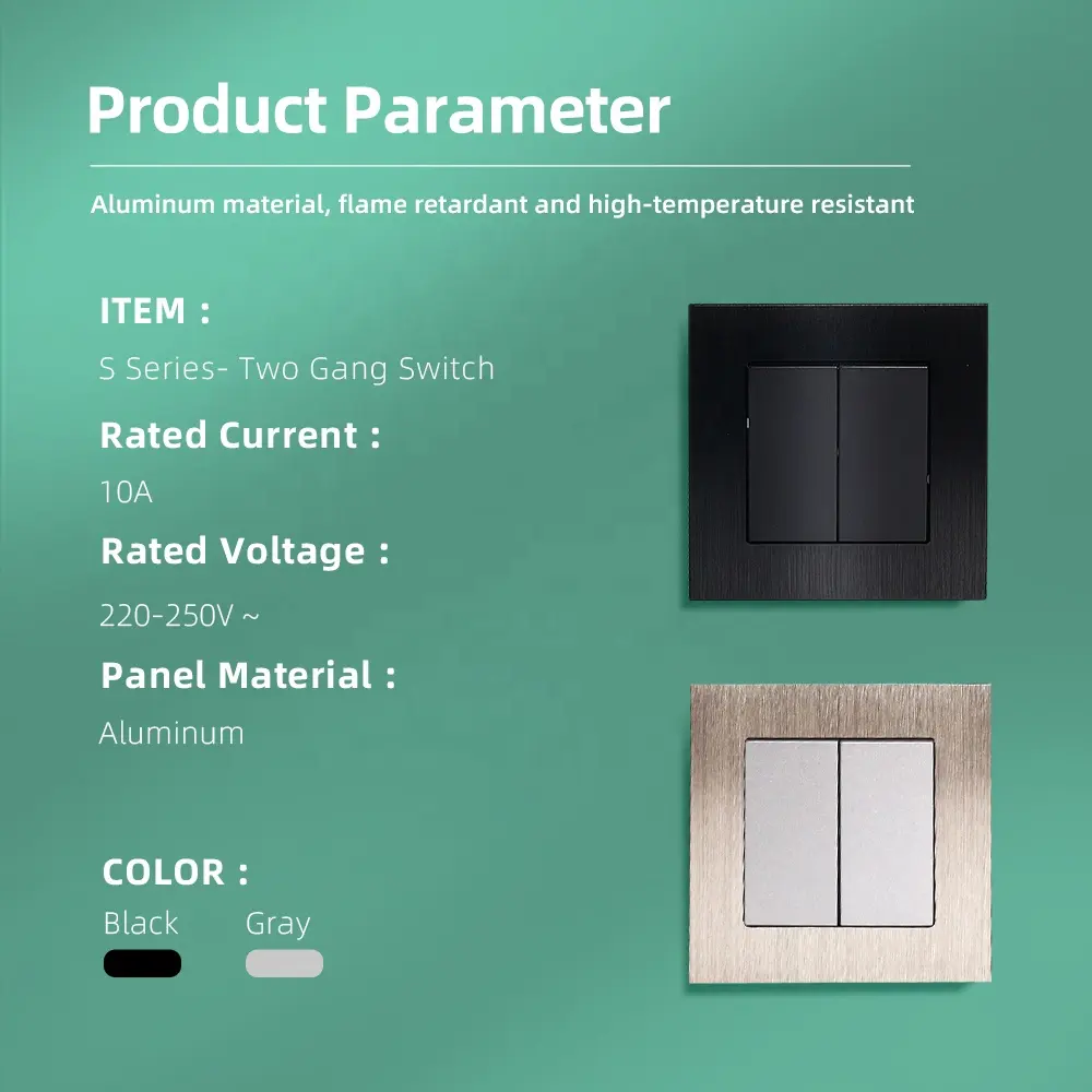 Painel de alumínio para parede, painel elétrico preto e dourado, painel de venda quente, comutador de luz elétrica para parede, 250V, 2 gang, mercado europeu