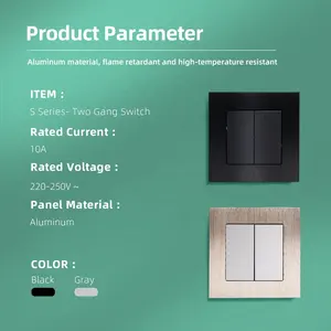 Painel de alumínio para parede, painel elétrico preto e dourado, painel de venda quente, comutador de luz elétrica para parede, 250V, 2 gang, mercado europeu