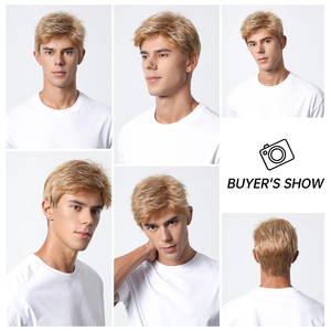 Usine Livraison Rapide Mixte Brun Clair Hommes Perruque <span class=keywords><strong>Courte</strong></span> Droite Perruques Naturelles Blonde Highlight Pixie Cut Cheveux Perruque Synthétique - Product Image 2