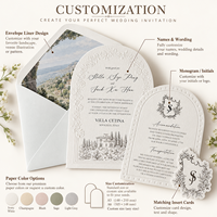 Carte d'invitation de mariage personnalisée en papier coton gaufré à l'aveugle, format arche, impression typographique avec doublure d'enveloppe et étiquette monogramme, vente en gros