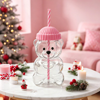 Tasse en verre style ours en peluche mignon pour enfants, grande capacité, pour fêtes, en verre borosilicate de haute qualité, sûre et durable, avec couvercle et paille