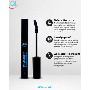 Máscara de pestañas QL Dramatic Waterproof & Curling de 8 ml ofrece una fórmula negra a prueba de manchas con certificación HALAL, que proporciona un volumen intenso. - Product Image 2