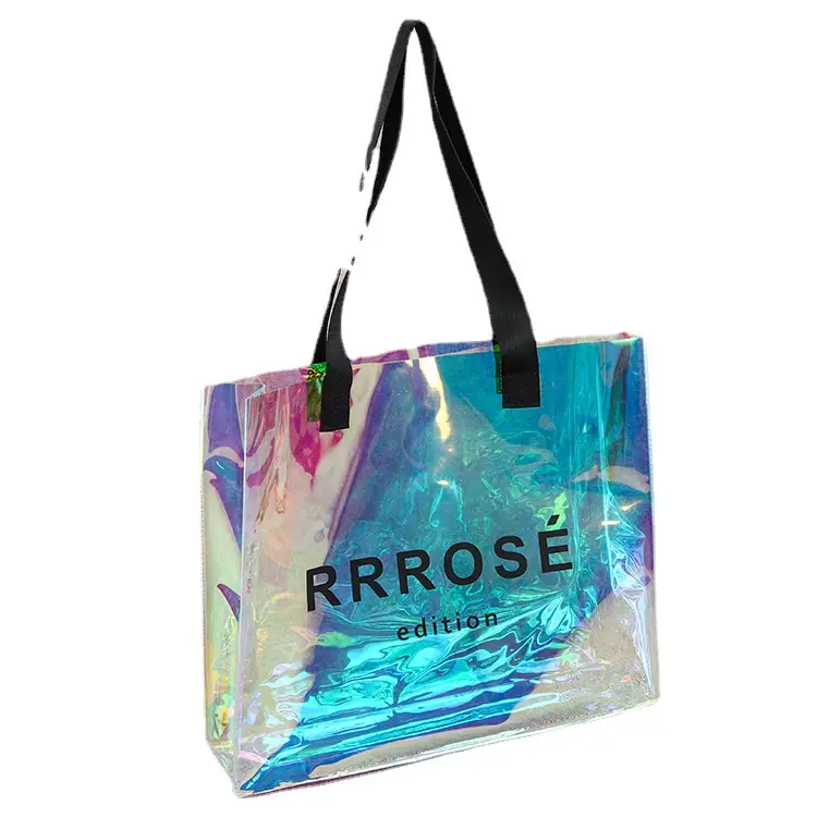 Customized in Stock Holographic PVC Cosmetic Bag Custom Transparent Snap Button Iridescent Makeup Bag Hologram PVC Makeup bag