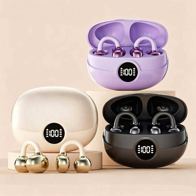 Open Ear Clip on Bluetooth 5.4 Wireless Earbuds, LED Power Display Waterproof Sports Headset Comfort Fit Earphones for Phones