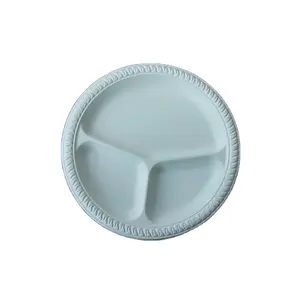 Placa descartável de plástico para composto, diretamente, 9 ", redonda, recipiente para alimentos, prato de 3 divisões