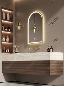 Mueble de Baño de Madera Maciza con <span class=keywords><strong>Lavabo</strong></span> Integrado de Losa de <span class=keywords><strong>Roca</strong></span> de Terracota, <span class=keywords><strong>Lavabo</strong></span> Minimalista de Estilo Japonés para Montar en la Pared - Product Image 5