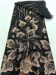 Tissu en dentelle tissée classique vert forêt mélangé argenté, lourdement perlé, motif floral, pour robe de mariée, robe de soirée XL7829 - Product Image 2