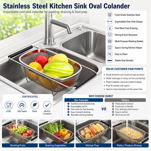 <span class=keywords><strong>Passoire</strong></span> ovale en acier inoxydable personnalisable avec logo, facile à nettoyer, compatible lave-vaisselle, pour évier de cuisine, avec emballage à marque privée (OEM/ODM) - Product Image 1