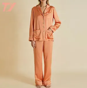Button Front Collar Silk Pajamas Long Sleeve Blouse & Pants Luxury Satin Pajamas