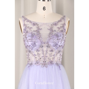 Violet dames haut col rond Style moderne lourd perlé sans manches longues <span class=keywords><strong>Sexy</strong></span> transparent diamant robes de bal soirée robes de bal - Product Image 4