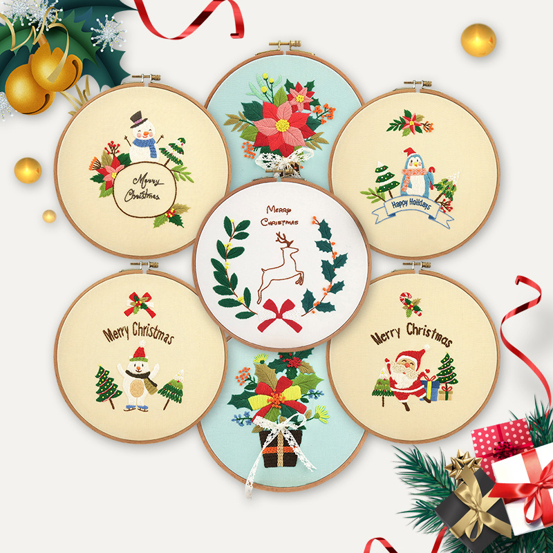 DIY Christmas Plants Pattern Embroidery Set Needlework Tools Printed Beginner Embroidery Round Cross Stitch Kit Sewing Craft Kit