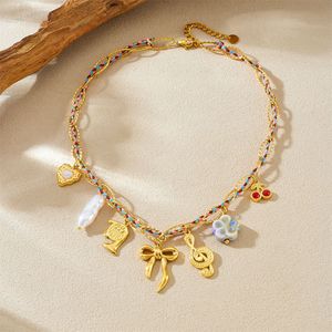 Gold Plated Musical Note Bow Heart Pendant Chain Colorful Braided Rope Stainless Steel Necklace Gift - Product Image 3