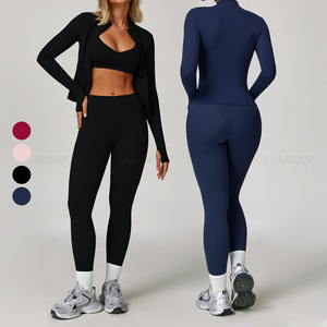 <strong>Best</strong> Selling Women's 3-Piece Workout Set High Waist <strong>Sports</strong> Yoga Pants Leggings Long Sleeve Zip Jacket Solid Pattern <strong>Sports</strong> <strong>Bra</strong> - Product Image 1