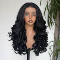 Perruque synthétique Lace Front 13*6, Ondulations profondes, Boucles souples et rebondissantes, Noir naturel, Haute qualité, Sans colle, Ligne de cheveux naturelle pour femmes