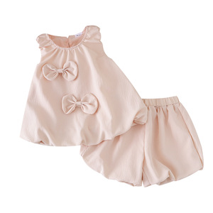 Set Estivo 2025 per <span class=keywords><strong>Ragazze</strong></span>, Nuovo Stile alla <span class=keywords><strong>Moda</strong></span> con Fiocco, Canotta Senza Maniche Tinta Unita + Pantaloncini, Abito Monocolore per <span class=keywords><strong>Ragazze</strong></span> - Product Image 5