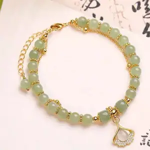 Classical Design Natural Opal Zircon Jade Beaded Dual Layered Bracelet with Gingko Apricot Leaf for Women